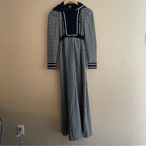 Vintage 1970’s Black White Gingham Long Sleeve Maxi Dress Prairie Nautical #577